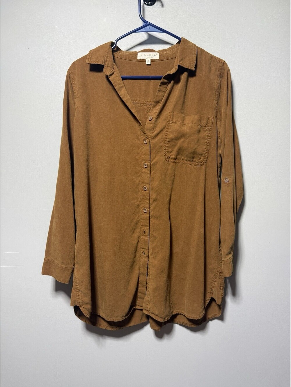 Side Stitch Tencera Lyocell Button Down Shirt Tunic Brown Rust Tab Sleeve PXS